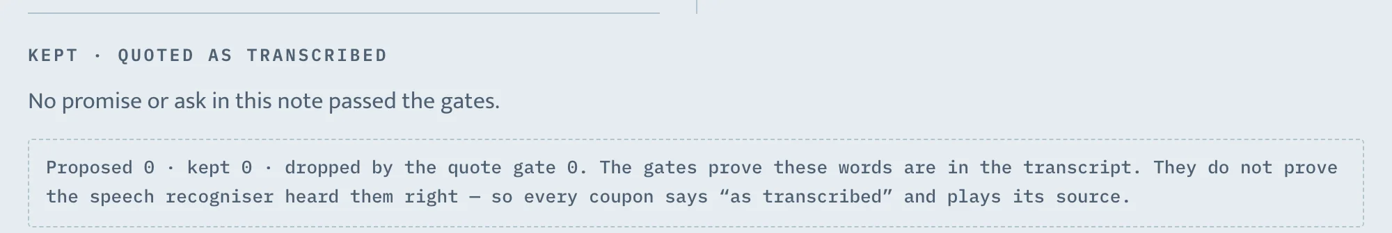 The /judge page's verdict box: Proposed 0 · kept 0 · dropped by the quote gate 0